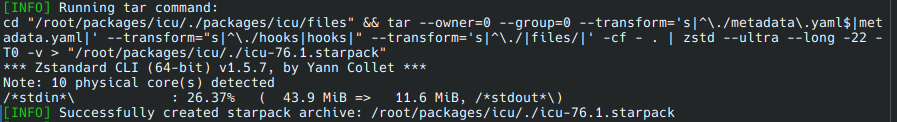 Screenshot of starpack successfully creating an ICU package archive